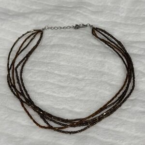 Vintage Multi Strand Brown Glass Seed Bead Choker Necklace Adjustable Boho Layer